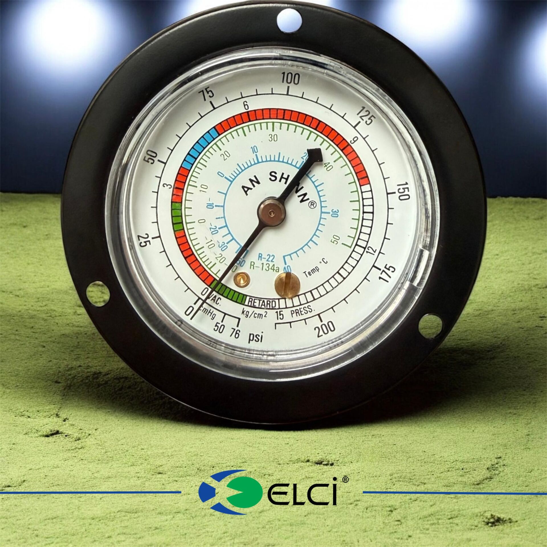 Klima Manometresi (Alçak Basınç) 0–200 PSI – 63 mm – 1/4” SAE Alt Bağlantı – R134a , R22